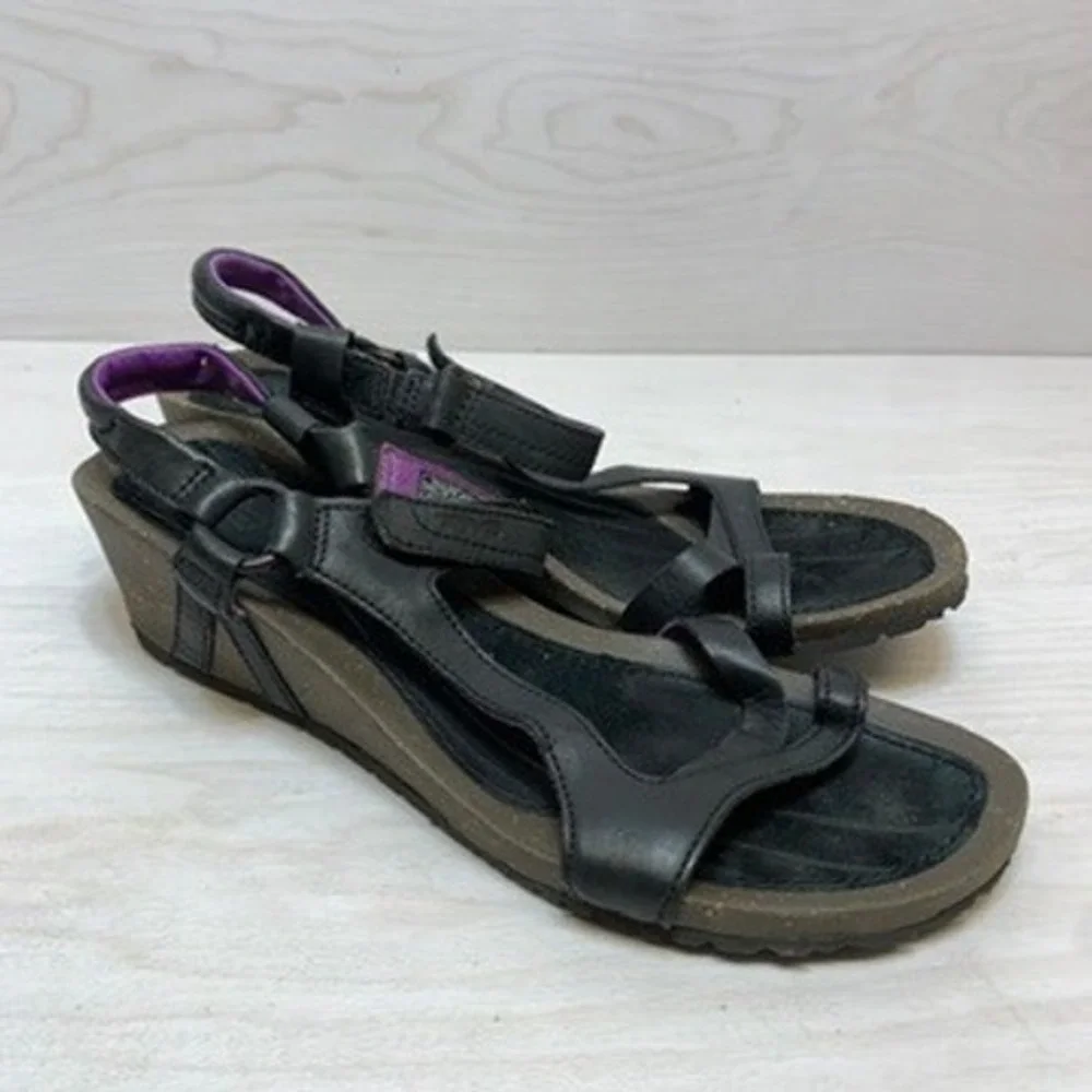 Teva Womens 11 Kayenta Wedge Sandals‎ Strappy Leather Black Purple 1002370